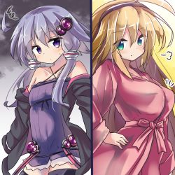 Rule 34 | 2girls, bare shoulders, bathrobe, black jacket, blonde hair, blush, breasts, closed mouth, collarbone, commentary request, criss-cross halter, dress, green eyes, hair between eyes, hair ornament, halterneck, head tilt, highres, jacket, large breasts, long hair, looking at viewer, multiple girls, off shoulder, purple dress, purple eyes, purple hair, purple legwear, ryogo, short hair with long locks, small breasts, smile, squiggle, thighhighs, tsurumaki maki, very long hair, voiceroid, yuzuki yukari