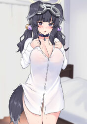 Rule 34 | 1girl, absurdres, alternate costume, animal ears, bed, black hair, blue archive, blue collar, blue eyes, blunt bangs, blush, breasts, bright pupils, cleavage, collar, collarbone, collared shirt, dog ears, dog girl, dog tail, goggles, goggles on head, hair bobbles, hair ornament, hibiki (blue archive), highres, indoors, kisaragi nana, large breasts, long sleeves, looking at viewer, low twintails, medium hair, naked shirt, shirt, sidelocks, solo, sweat, tail, twintails, white pupils, white shirt