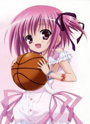 Rule 34 | 10s, 1girl, ball, basketball, basketball (object), blush, detexted, dress, female focus, gradient background, hair ribbon, highres, minato tomoka, non-web source, open mouth, pink eyes, pink hair, ribbon, rou-kyuu-bu!, short hair, side ponytail, solo, third-party edit, white background