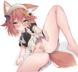 Rule 34 | 1girl, :3, animal ear fluff, animal ears, anneaudeni, anus, apron, bandaid, bandaid on pussy, black bow, blush, bow, breath, dress, ear down, eip (pepai), fox ears, fox tail, glasses, green eyes, hair bow, hair ornament, lifting own clothes, lying, maid, maid apron, maid headdress, naughty face, no panties, on side, original, partially visible vulva, pink hair, round eyewear, simple background, smile, solo, spread legs, sweat, tail, thighs, tsurime, white background, x hair ornament