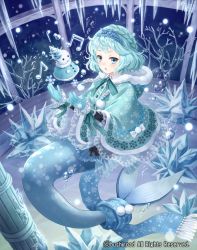 Rule 34 | 1girl, aqua hair, blue eyes, bow, bowtie, bubble, cardfight!! vanguard, company name, coral, fur trim, gloves, hairband, hood, hood down, ice, mermaid, monster girl, musical note, official art, open mouth, reticent diva isuca, scarf, shell, short hair, snowman, solo, tadokoro teppei, underwater