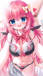 Rule 34 | 1girl, bed, blue eyes, blush, bra, breasts, cleavage, commentary request, curtains, hair between eyes, hair ornament, hamidashi creative, heavy breathing, highres, large breasts, looking at viewer, low twintails, navel, panties, pink hair, pov, reaching, reaching towards viewer, ribbon, stomach, tokiwa kano, twintails, tyutaka0427, underwear