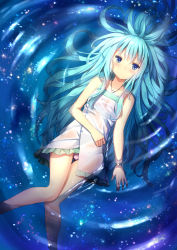 Rule 34 | 1girl, absurdres, alexmaster, blue eyes, blue hair, bracelet, cameltoe, collarbone, dress, eyebrows, highres, jewelry, long hair, looking at viewer, lying, matching hair/eyes, necktie, on back, original, panties, partially submerged, solo, underwear, wet, wet clothes, wet dress