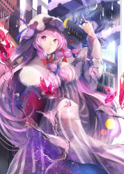 Rule 34 | 1girl, bookshelf, capelet, crescent, crystal, dress, hair ribbon, hat, highres, long hair, long sleeves, looking at viewer, mob cap, omo (utakatadice), patchouli knowledge, pink eyes, pink hair, ribbon, solo, striped clothes, striped dress, touhou, tress ribbon, very long hair, wide sleeves