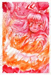 Rule 34 | 1girl, collared shirt, fire, frown, fujiwara no mokou, hand up, long hair, long sleeves, medinki, open mouth, outstretched arm, painting (medium), pants, red eyes, red pants, shirt, solo, suspenders, touhou, traditional media, watercolor (medium), white hair, white shirt