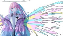 Rule 34 | 1girl, absurdres, angel, angel wings, black undershirt, blue eyes, blue hair, colored inner hair, commentary, copyright request, earbuds, earphones, english commentary, english text, halo, heart, highres, jacket, light blue hair, light blue jacket, long hair, looking at viewer, mnetyara, multicolored hair, multicolored wings, open clothes, open jacket, original, pink hair, pink jacket, shirt, single bare shoulder, sleeves past fingers, sleeves past wrists, smile, solo, standing, white shirt, wings