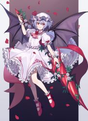 Rule 34 | 1girl, arm up, ascot, bare legs, bat wings, closed mouth, commentary, flower, frilled shirt collar, frilled skirt, frills, full body, hair between eyes, hat, high heels, highres, holding, holding lance, holding polearm, holding weapon, lance, long skirt, looking at viewer, mary janes, mob cap, petals, plant, polearm, puffy short sleeves, puffy sleeves, red eyes, red flower, red footwear, remilia scarlet, rose, shirt, shoes, short hair, short sleeves, shugao, silver hair, skirt, smile, socks, solo, symbol-only commentary, touhou, two-tone background, vines, weapon, white flower, white hat, white shirt, white skirt, white socks, wings, wrist cuffs
