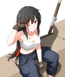 Rule 34 | 1girl, absurdres, bare arms, bare shoulders, belt, black belt, black hair, blood, blood on breasts, breasts, brown gloves, cleavage, collarbone, colored inner hair, commentary, english commentary, felutiahime, foot out of frame, gloves, grey background, hand up, highres, large breasts, long hair, midriff, multicolored hair, navel, one eye closed, original, pants, red eyes, red hair, shirt, simple background, sitting, solo, stomach, suspenders, weapon