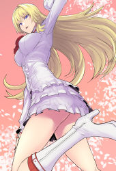 Rule 34 | 1girl, blonde hair, blue eyes, boots, breasts, clash kuro neko, commentary request, dress, emilie de rochefort, fingerless gloves, frilled dress, frills, from below, gloves, high heel boots, high heels, highres, knee boots, long hair, looking at viewer, namco, neck ribbon, petals, red ribbon, ribbon, solo, tekken, white dress, white footwear, white gloves