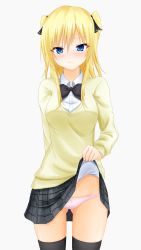 Rule 34 | 1girl, black bow, black bowtie, black skirt, black thighhighs, blonde hair, blue eyes, blush, bow, bowtie, closed mouth, clothes lift, cowboy shot, denpa (denpae29), highres, lifting own clothes, long sleeves, looking at viewer, panties, plaid, plaid skirt, school uniform, short hair, simple background, skirt, skirt lift, solo, sweater, thighhighs, twintails, underwear, white background