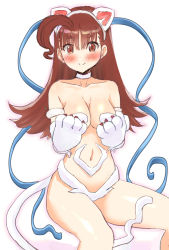 Rule 34 | 1girl, animal ears, animal hands, big hair, breasts, brown eyes, cat ears, cat girl, cat tail, commentary request, cosplay, cowboy shot, felicia (vampire), felicia (vampire) (cosplay), gloves, highres, kantai collection, kujira naoto, large breasts, long hair, looking at viewer, navel, ooi (kancolle), paw gloves, revision, simple background, solo, tail, vampire (game), white background, white fur