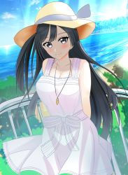 Rule 34 | 1girl, a jet black magician (love live!), artist name, artist request, bare shoulders, beach, black hair, blue hair, blue sky, blush, bow, breasts, brown hat, cloud, collarbone, crescent, crescent necklace, dark blue hair, day, dress, dress bow, female focus, grey eyes, hat, highres, jewelry, long hair, looking at viewer, love live!, love live! nijigasaki high school idol club, love live! school idol festival, love live! school idol festival all stars, miniskirt, necklace, ocean, outdoors, parted lips, plaid, plaid dress, plaid skirt, pleated, pleated dress, pleated skirt, ponytail, side ponytail, skirt, sky, smile, solo, standing, striped, striped bow, sun, sundress, sunlight, white bow, white dress, white skirt, yuki setsuna (love live!)