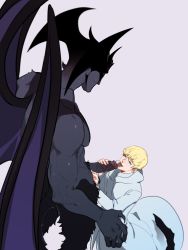 Rule 34 | asuka ryou, blonde hair, blue eyes, blush, claws, colored skin, demon boy, demon tail, demon wings, devilman, devilman (character), devilman crybaby, fellatio, fingernails, fudou akio, grey background, grey skin, head wings, kukumomo, looking at another, male focus, male pubic hair, muscular, nipples, oral, penis, pubic hair, simple background, size difference, sweat, tail, tongue, tongue out, veins, veiny penis, wings, yaoi
