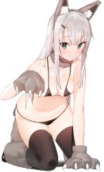 Rule 34 | 1girl, all fours, animal ear fluff, animal ears, animal hands, bikini, black bikini, black thighhighs, breasts, commentary, fake animal ears, gloves, green eyes, hair ornament, hairclip, hanging breasts, highres, idemitsu, long hair, looking at viewer, navel, original, paw gloves, paw pose, side-tie bikini bottom, silver hair, simple background, skindentation, small breasts, smile, solo, swimsuit, thighhighs, white background, wolf ears
