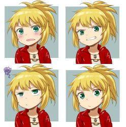 Rule 34 | 1girl, aoba (smartbeat), aqua eyes, blonde hair, blush, expressions, fate/grand order, fate (series), grin, jacket, jewelry, mordred (fate), mordred (fate/apocrypha), mordred (memories at trifas) (fate), multiple views, necklace, red jacket, short hair, short ponytail, smile, spiked hair, sweatdrop, aged down