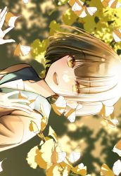 Rule 34 | autumn leaves, blurry, blurry background, blush, bob cut, brown hair, brown shirt, exif rotation, falling leaves, glowing, highres, leaf, liso, looking at viewer, original, rotated, school uniform, shirt, short hair, smile, sunlight, teeth, tree, upper body, upper teeth only, yellow eyes