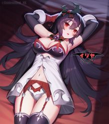 Rule 34 | 1girl, armpits, arms behind head, bed sheet, bell, black hair, black thighhighs, bow, bowtie, breasts, christmas, cleavage, garter straps, gloves, hair between eyes, hair ornament, highres, holly hair ornament, ilya (princess connect!), large breasts, long hair, looking at viewer, lying, navel, on back, princess connect!, red bow, red bowtie, red eyes, red gloves, solo, thighhighs, thighs, twitter username, unidentified nk
