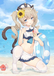 Rule 34 | 1girl, absurdres, adapted costume, animal ears, apron, barbara (genshin impact), bare arms, bare shoulders, beach, bikini, blue eyes, blue skirt, breasts, brown hair, cat ears, cat girl, cat tail, cloud, cloudy sky, curly hair, day, detached collar, fang, feet, flower, food, frills, genshin impact, hat, highres, ice cream, innertube, kemonomimi mode, kuroida, long hair, looking at viewer, midriff, miniskirt, navel, ocean, on one knee, open mouth, outdoors, pleated skirt, red flower, revision, skirt, sky, small breasts, solo, stomach, sunlight, swim ring, swimsuit, tail, thighhighs, thighs, twintails, waist apron, wet, white hat, white thighhighs, zettai ryouiki