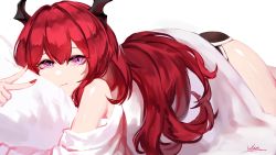 Rule 34 | 1girl, arknights, bare shoulders, commentary, hair between eyes, highres, horns, long hair, looking at viewer, nail polish, off shoulder, purple eyes, red hair, red nails, ribiadan, solo, surtr (arknights), thighs, white background