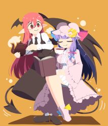 Rule 34 | 2girls, bat wings, black footwear, black skirt, black vest, black wings, blunt bangs, breasts, buttons, closed eyes, closed mouth, coat, collared shirt, commentary request, crescent, crescent hat ornament, cup, demon girl, demon tail, demon wings, dress, floating, full body, hair between eyes, hat, hat ornament, head wings, highres, holding, holding cup, holding teapot, koakuma, large breasts, long hair, long sleeves, looking at another, medium bangs, mob cap, multiple girls, no lineart, orange background, patchouli knowledge, pink coat, pink hat, pointy ears, red eyes, red hair, shinsei tomato, shirt, shoes, sidelocks, simple background, skirt, skirt set, smile, tail, tea, teacup, teapot, touhou, vest, white dress, white shirt, wings