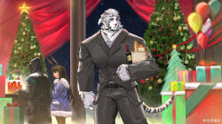 Rule 34 | 1boy, 1girl, 1other, absurdres, amiya (arknights), animal ears, arknights, bag, bara, black suit, bottle, cake, carrying, carrying under arm, christmas, christmas tree, collared shirt, doctor (arknights), feet out of frame, food, formal, furry, furry male, highres, hood, hood up, hujusheng, large pectorals, long hair, looking at viewer, male focus, mature male, mountain (arknights), muscular, muscular male, official alternate hairstyle, pectorals, ponytail, rabbit ears, shirt, shopping bag, short hair, standing, suit, thick eyebrows, tiger boy, tiger ears, undershirt, white fur, wine bottle