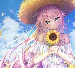 Rule 34 | 1girl, absurdres, blue eyes, blue ribbon, blue sky, blush, closed mouth, cloud, dress, floating hair, flower, hair between eyes, hat, hatyomugi00, highres, holding, holding flower, ia (vocaloid), lens flare, long hair, looking at viewer, nail polish, petals, pink hair, pink nails, ribbon, short sleeves, sky, smile, solo, straw hat, sun hat, sundress, sunflower, very long hair, vocaloid, white dress, white hair, yellow flower, yellow hat