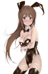 Rule 34 | 1girl, animal ears, arms under breasts, black bow, black bowtie, black leotard, black thighhighs, blush, bow, bowtie, breasts, brown eyes, brown hair, cleavage, cowboy shot, detached collar, fishnets, furuyama itaru, highres, large breasts, leotard, long hair, looking at viewer, original, playboy bunny, rabbit ears, simple background, solo, standing, thighhighs, v-shaped eyebrows, white background, wrist cuffs