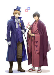Rule 34 | 2boys, ahoge, alternate universe, axis powers hetalia, black hair, blonde hair, blue coat, boots, cherry blossoms, coat, flower, gloves, green eyes, hat, heart, highres, holding, holding flower, holding staff, japan (hetalia), japanese clothes, kimono, male focus, multiple boys, print kimono, red kimono, sandals, simple background, spade (shape), staff, thick eyebrows, to@st, top hat, trench coat, united kingdom (hetalia), waistcoat, white background, white gloves