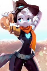 Rule 34 | 1girl, alien, ancesra, animal ears, breasts, furry, goggles, highres, mechanical arms, ratchet &amp; clank, ratchet &amp; clank: rift apart, rivet (ratchet &amp; clank), scarf, single mechanical arm, striped tail, tail