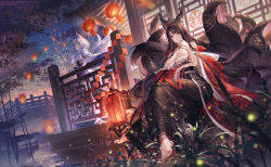 Rule 34 | 2girls, absurdres, aerial fireworks, akagi (azur lane), akagi (dawn phoenix&#039;s summons) (azur lane), animal ears, architecture, azur lane, bare shoulders, barefoot, breasts, chinese clothes, cleavage, closed mouth, collarbone, crossed legs, east asian architecture, feet, fireworks, fox ears, fox girl, fox tail, gt-apex, hair ornament, hanfu, highres, holding, holding mask, japanese clothes, kaga (azur lane), kimono, large breasts, long hair, long sleeves, looking at viewer, mask, multiple girls, multiple tails, short hair, sitting, smile, standing, tail, white hair, wide sleeves