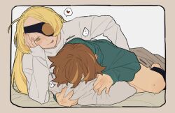 Rule 34 | 2girls, archived source, bare legs, bed sheet, black pants, blonde hair, blush, brown hair, commentary, copyright request, croissant cookie, dayama, eyepatch, face in pillow, green hoodie, grip, hand on own face, heart, hood, hoodie, hugging object, licking lips, long hair, long sleeves, looking at another, lying, multiple girls, no pants, on bed, pants, pillow, pillow hug, raised eyebrow, seductive smile, selfcest, shaking, shirt, short hair, simple background, smile, speech bubble, timekeeper cookie, tongue, tongue out, white shirt, yuri