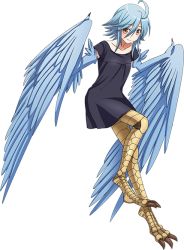Rule 34 | 1girl, ahoge, artist request, bird legs, black dress, blue hair, blue wings, blush, breasts, digitigrade, dress, feathered wings, feathers, full body, game cg, harpy, looking at viewer, medium hair, monster girl, monster musume no iru nichijou, monster musume no iru nichijou online, official alternate costume, official art, papi (monster musume), scales, small breasts, smile, solo, tachi-e, talons, transparent background, winged arms, wings, yellow eyes