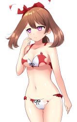 Rule 34 | 1girl, absurdres, bare shoulders, bikini, black bow, bow, breasts, brown hair, cleavage, collarbone, creatures (company), embarrassed, game freak, hair bow, hairband, half-closed eyes, hand to own mouth, hand up, highres, looking away, may (pokemon), may (pokemon oras), medium breasts, navel, nintendo, pokemon, pokemon oras, pokemon rse, purple eyes, red bikini, red bow, revealing layer, shiny skin, simple background, solo, standing, swimsuit, white background, yuihico