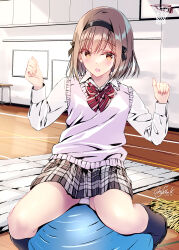 Rule 34 | 1girl, :o, ball, basketball hoop, black skirt, black socks, blush, brown eyes, brown hair, clenched hands, collared shirt, commentary request, desk, exercise ball, gym, hair between eyes, hair ribbon, hairband, highres, indoors, kobayashi chisato, long sleeves, looking at viewer, original, plaid, plaid skirt, pleated skirt, pom pom (cheerleading), ribbon, shirt, signature, sitting, sitting on ball, skirt, socks, thighs, white shirt