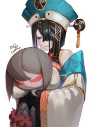 Rule 34 | 1girl, absurdres, angry, black gloves, black hair, blue headwear, blush, breasts, chinese clothes, yu mei-ren (fate), doll, fate/grand order, fate (series), fingerless gloves, gem, gloves, hair between eyes, hair ornament, hair over one eye, hair stick, highres, holding, holding doll, long sleeves, medium hair, mole, mole under eye, peperon (peperou), signature, simple background, small breasts, solo, straight hair, tassel, white background, wide sleeves, xu fu (fate)