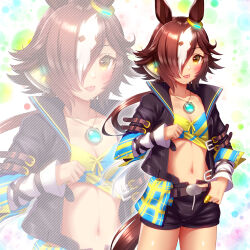 Rule 34 | 1girl, :p, animal ears, belt, black shorts, blue shirt, blush, breasts, brown belt, brown hair, cleavage, collarbone, commentary request, cowboy shot, crop top, ear ornament, groin, hair between eyes, hair over one eye, highres, horse ears, horse girl, horse tail, jacket, long hair, long sleeves, looking at viewer, low-tied long hair, midriff, multicolored hair, navel, shirt, short shorts, shorts, sidelocks, small breasts, standing, stopwatch, stopwatch around neck, streaked hair, sugimotty nova, tail, tongue, tongue out, umamusume, vodka (umamusume), white hair, yellow eyes, yellow shirt, zoom layer
