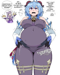 Rule 34 | 2girls, belly, blue hair, breasts, burp, covered navel, full stomach, ganyu (genshin impact), genshin impact, highres, keqing (genshin impact), large breasts, multiple girls, noodlemage, plump, stomach bulge, tagme