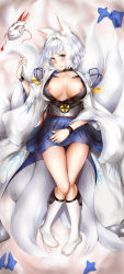 Rule 34 | 1girl, animal ears, azur lane, bad id, bad pixiv id, blue eyes, blue skirt, blush, breasts, breasts apart, choker, collarbone, daisufuumi, dakimakura (medium), fox ears, fox mask, fox tail, from above, full body, glint, highres, japanese clothes, jewelry, kaga (azur lane), kneehighs, knees together feet apart, large breasts, looking at viewer, lying, mask, multiple tails, nipple slip, nipples, parted lips, pleated skirt, ring, short hair, skirt, socks, solo, sparkle, tail, wedding band, white hair, white socks, wristband