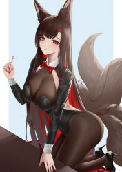 Rule 34 | 1girl, :p, absurdres, akagi (azur lane), alternate costume, animal ear fluff, animal ears, azur lane, black footwear, black hair, black leotard, black pantyhose, blue background, blush, bow, bowtie, breasts, chinese commentary, closed mouth, detached collar, fox ears, fox girl, fox tail, hand up, high heels, highres, holding, holding marker, ichikushi mojibake, kneeling, large breasts, leotard, long hair, long sleeves, looking at viewer, marker, multicolored hair, multiple tails, pantyhose, red bow, red bowtie, red hair, smile, tail, thighs, tongue, tongue out