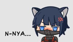 Rule 34 | ..., 1girl, android, anger vein, animal ears, armor, black hair, blue eyes, blunt bangs, blush, cat ears, english text, grey background, mask, mouth mask, short hair, sidelocks, signalis, simple background, skyjacc, solo, star (signalis)