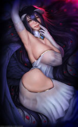 Rule 34 | 1girl, absurdres, albedo (overlord), artist name, black hair, breasts, demon girl, covered erect nipples, highres, horns, huge breasts, limgae, long hair, looking at viewer, on bed, overlord (maruyama), solo, demon girl, wings, yellow eyes