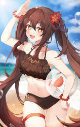 Rule 34 | 1girl, :3, :d, absurdres, arm up, ball, bare arms, bare shoulders, beach, bead bracelet, beads, bikini, blue sky, blurry, blurry background, blush, bracelet, breasts, brown bikini, brown hair, collarbone, cowboy shot, day, detached sleeves, flower, flower-shaped pupils, genshin impact, gya (144), hair between eyes, hair flower, hair ornament, halterneck, highres, hu tao (genshin impact), jewelry, long hair, looking at viewer, navel, open mouth, outdoors, plum blossoms, red eyes, red flower, sky, smile, solo, stomach, swimsuit, symbol-shaped pupils, thigh gap, thigh strap, twintails, very long hair