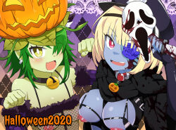 Rule 34 | 2girls, blood, blood on face, catfight, fang, halloween, looking at viewer, looking up, monster girl, multiple girls, plant girl, purplet, sharp teeth, smile, teeth, zombie