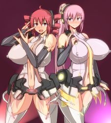 2girls bad_anatomy bare_shoulders black_gloves breasts drill_hair elbow_gloves covered_erect_nipples female_focus gloves headphones huge_breasts kasane_teto long_hair megurine_luka multiple_girls music musuka_(muska) navel open_mouth panties pink_eyes pink_hair ponytail red_eyes red_hair shirt short_hair singing standing thighhighs thighs underwear utau vocaloid white_legwear