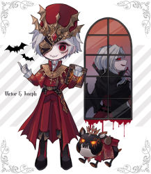 Rule 34 | 2boys, animal, bat (animal), belt, black footwear, blood, book, character name, closed mouth, crown, dog, gloves, glowing, glowing eyes, grey hair, hat, holding, holding book, identity v, joseph desaulniers, long hair, male focus, mask, multiple boys, official alternate costume, orange eyes, parted lips, red eyes, red headwear, smile, standing, stitched mouth, stitches, tendenbarabara, vampire, victor grantz, white gloves