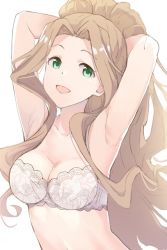 Rule 34 | 1girl, armpits, arms up, bad id, bad twitter id, blush, bra, breasts, brown hair, cleavage, green eyes, high ponytail, highres, hiroki (yyqw7151), idolmaster, idolmaster million live!, long hair, looking at viewer, medium breasts, nikaidou chizuru, open mouth, ponytail, simple background, smile, solo, underwear, upper body, very long hair, white background