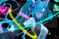 Rule 34 | 1girl, bare shoulders, black background, black skirt, black sleeves, blue background, blue eyes, blue hair, blue necktie, blush, closed mouth, commentary, detached sleeves, goma irasuto, grey shirt, hair ornament, hands on headphones, hatsune miku, headphones, headset, hibikase (vocaloid), highres, long hair, looking at viewer, miniskirt, multicolored background, necktie, pleated skirt, shirt, skirt, sleeveless, sleeveless shirt, solo, sound wave, twintails, very long hair, vocaloid