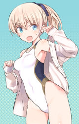 Rule 34 | 1girl, blonde hair, blue background, blue eyes, collared shirt, commentary request, competition swimsuit, dress shirt, highleg, highleg swimsuit, long hair, looking at viewer, luminous witches, lyudmila andreyevna ruslanova, one-piece swimsuit, open clothes, open mouth, open shirt, ponytail, shimada fumikane, shirt, solo, swimsuit, white one-piece swimsuit, white shirt, world witches series