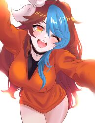 Rule 34 | 1girl, arms up, bare legs, black choker, black shirt, blue hair, breasts, brown hair, choker, collarbone, cowboy shot, dress, estebaneishon1, eyebrows, eyelashes, female focus, from above, hair ribbon, indie virtual youtuber, keirame (vtuber), large breasts, long hair, long sleeves, looking at viewer, looking up, multicolored hair, one eye closed, open mouth, orange sweater, ribbon, shirt, simple background, smile, solo, standing, sweater, sweater dress, teeth, thighs, tongue, two-tone hair, upper teeth only, virtual youtuber, white background, white ribbon, yellow eyes
