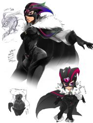Rule 34 | 10s, 1girl, ass, bad id, bad pixiv id, black bodysuit, black gloves, bodysuit, boots, brooch, cape, character sheet, chibi, cure muse, cure muse (black), feather boa, gloves, jewelry, magical girl, marimo (yousei ranbu), mask, multiple views, precure, purple eyes, shirabe ako, sketch, suite precure, thigh boots, thighhighs